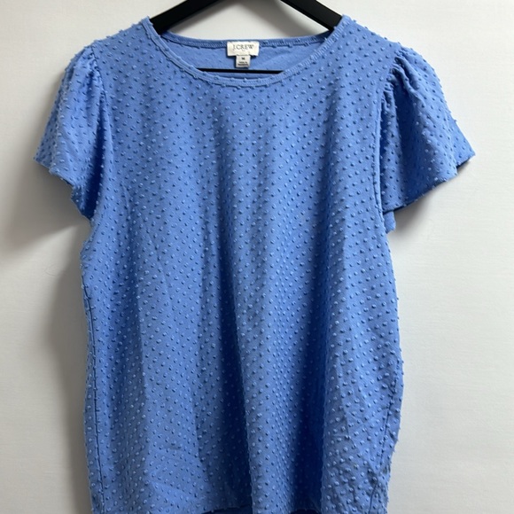 J.Crew Light Blue Polka Dot Textured Top Flutter Sleeves Crew Neck Women’s Med. - Picture 4 of 7